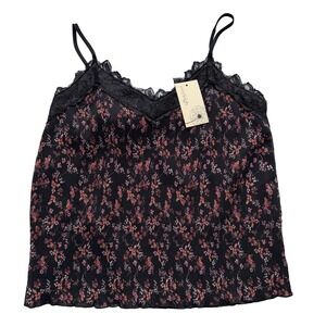 Everleigh Crinkle Black Floral Lace Trim Cami Tank Top Blouse NEW Small